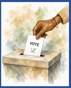 Watercolour illustration of a voter placing a marked ballot paper into a ballot box.