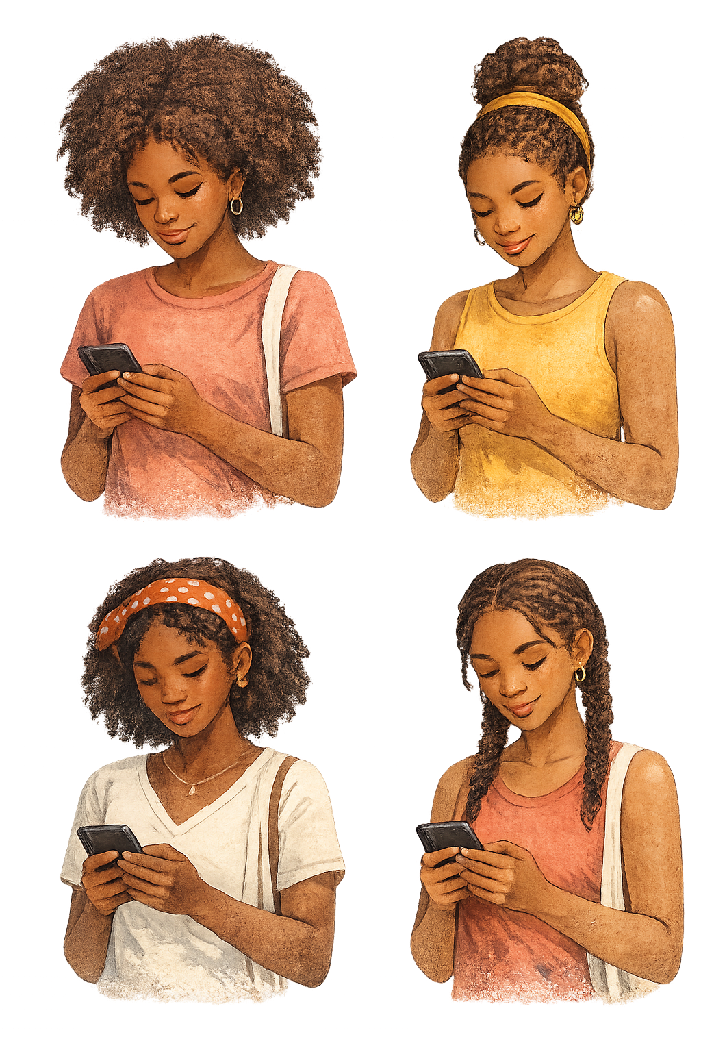 A young Zambian woman using Constituency226 on her phone, illustrated in watercolour.