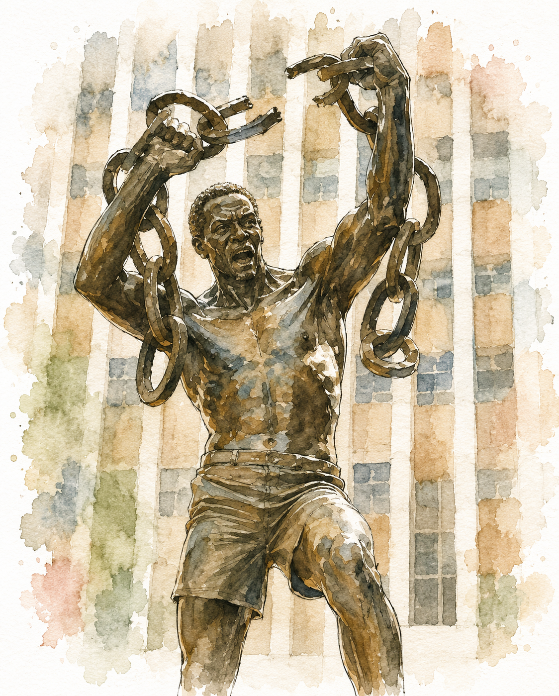 Watercolour illustration of Zambia's Freedom Statue, showing a man breaking chains.