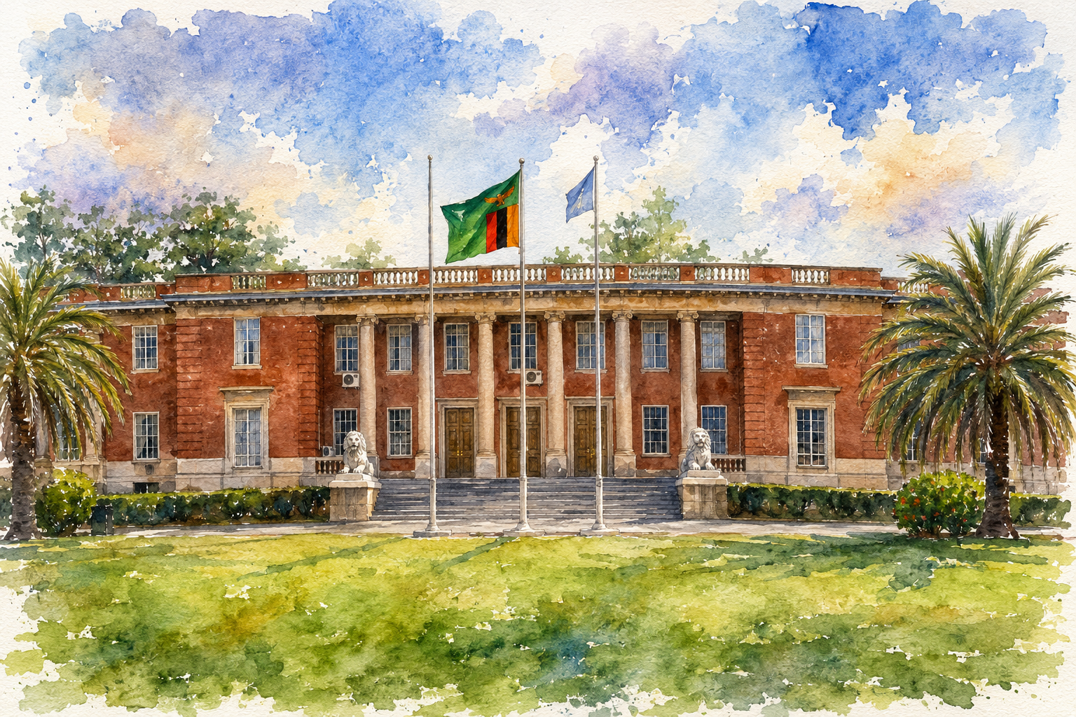 Watercolour illustration of a civic government building with the Zambian flag.