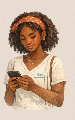 Young Zambian woman using a phone to access civic information